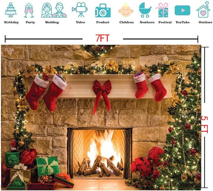 CYLYH 7x5ft Christmas Backdrops Christmas Fireplace Theme Backdrop Tree Sock Decorations for Xmas Party Supplies Photo Background Pictures Banner