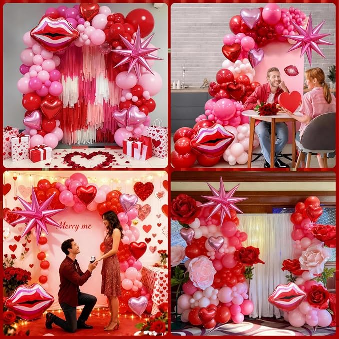 Valentines Day Balloon Arch Kit Hot Pink Red Balloon Garland with Lip Heart Star Foil Balloons Rose Red Baby Light Pink Galentines Party Decorations for Proposal Engagement Wedding Mothers, 97Pcs