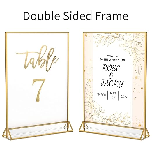 NIUBEE 6Pack 4 x 6 Clear Acrylic Sign Holder with Gold Borders and Vertical Stand, Double Sided Table Menu Holders Picture Frames for Wedding Table Numbers, Restaurant Signs, Photos and Art Display