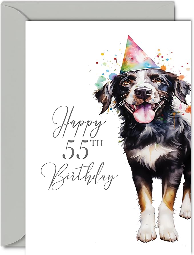 55th Birthday Cards for Women Men - Party Dog - Happy Birthday Card for 55 Year Old Woman Man Sister Brother Mum Dad Auntie Uncle Cousin, 5x7 Inch Bday Greeting Cards