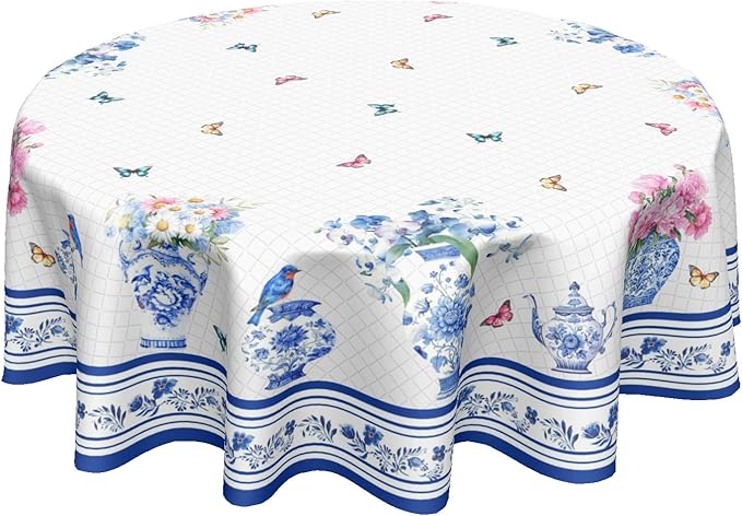Spring Summer Round Tablecloth Blue Vase Floral Circle Table Cloth 70 Inch Chinoiserie Farmhouse Table Cover Washable Polyester Indoor Decorations for Home Kitchen Dinning Party