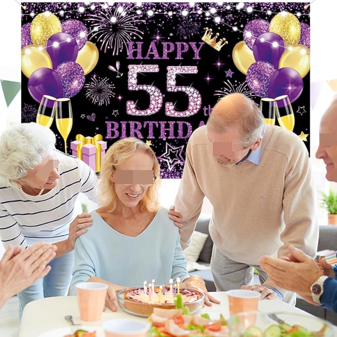 Happy Birthday Backdrop Banner 55th Women Birthday Decoration Supplies Anniversary Party Photo Photography Background Flash Purple Gold Black Birthday Banner Background Poster