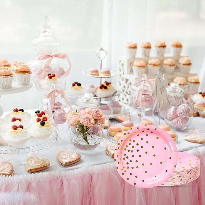 Pink and Gold Party Supplies, Pink Paper Dessert Plates (50-Count)