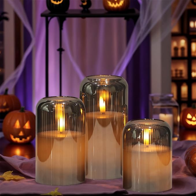 Black Glass Flameless Candles with Remote, Battery Operated Ribbed LED Pillar Candles Flickering Real Wax Candle, 3D Wick with Pumpkin Shape Set of 3 (Φ 3" H 4" 5" 6")