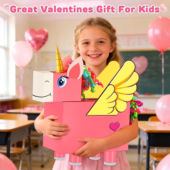Gloween Valentines Day Boxes and Cards for Kids Classroom School Exchange, Great Valentines Gifts Party Favors for Boys Girls (1 Unicorn Box, 32 Valentine Cards, 1 Teacher Card)