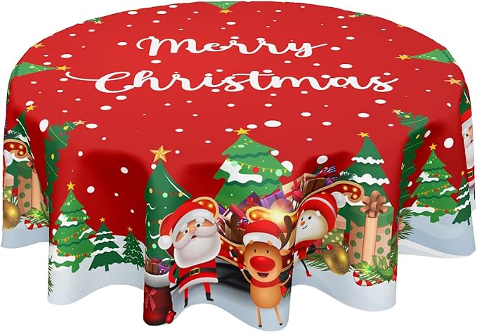 Merry Christmas Tablecloth Round 60 Inch Santa Snowman Tablecloth Reindeer Table Cloth Snowflakes Red Table Cloth for Holiday Party Outdoor Dining Room Home Christmas Decorations