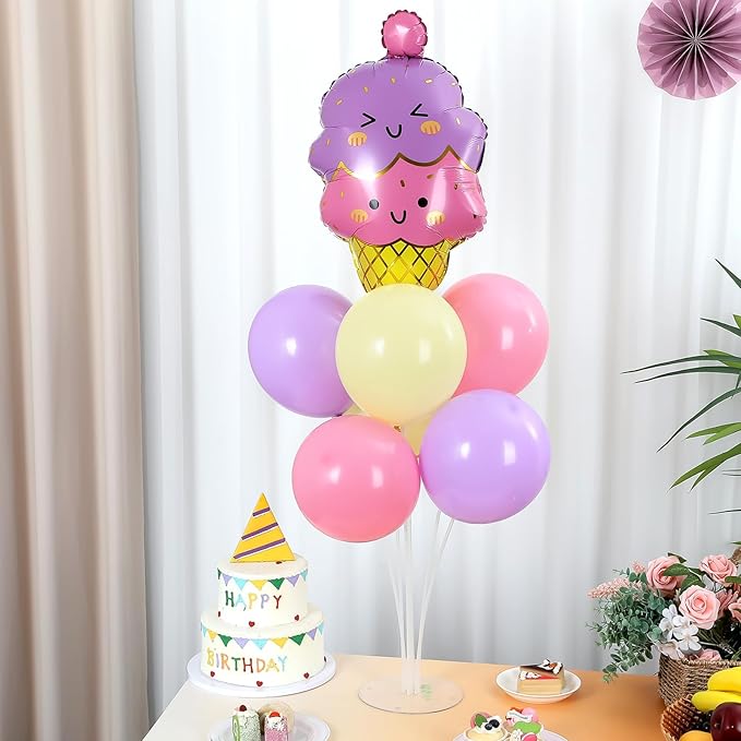 Ice Cream Party Balloons Stand Kit 2 Sets with 2 Macaron Ice Cream Foil Balloons Pastel Sweet One Birthday Balloon Centerpiece for Tables for Girl Birthday Valentine's Day Baby Shower Party Decoration