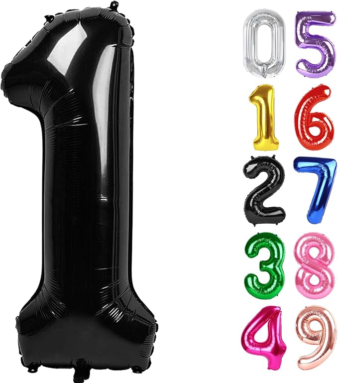 Black Number 1 Balloon 40 Inch, 1st Birthday Balloon for Baby Boy Girl Toddler First Birthday Decorations, Shiny Black Party Supplies