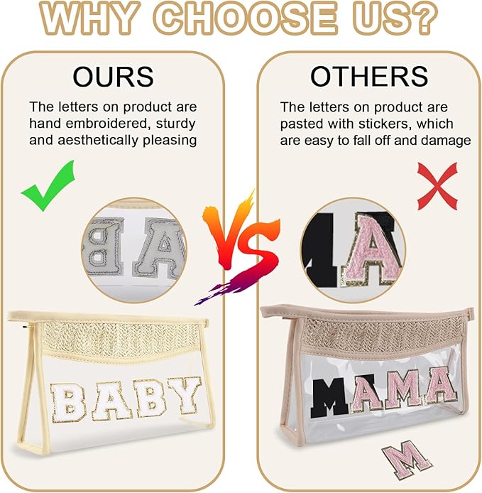 Cute Boho Patch Baby Bag Clear Makeup Letter Bag, Waterproof Zipper Make up Bags Toiletry Pouch for Women Girls, Clear Letter Patch Cosmetic Bags Transparent Organizer Pouch for Travel(Baby, Beige)