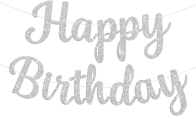 Glitter Happy Birthday Banner Sign Birthday Garland Wall Door Banners Flag for Women Men Boys Girls Party Backdrop Decorations Silver