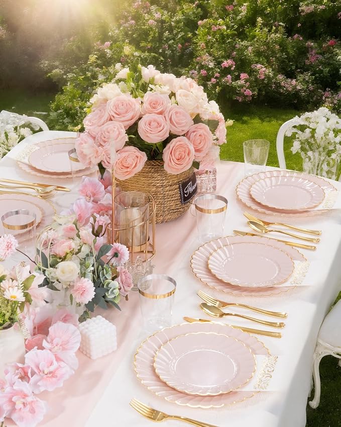 YOUBET 175PCS Pink Scalloped Plastic Plates - Gold Disposable Dinnerware Set Include 50 Plates, 75 Gold Silverware, 25 Cups, 25 Napkins for Party & Wedding & Baby Shower Easter Mothers Day