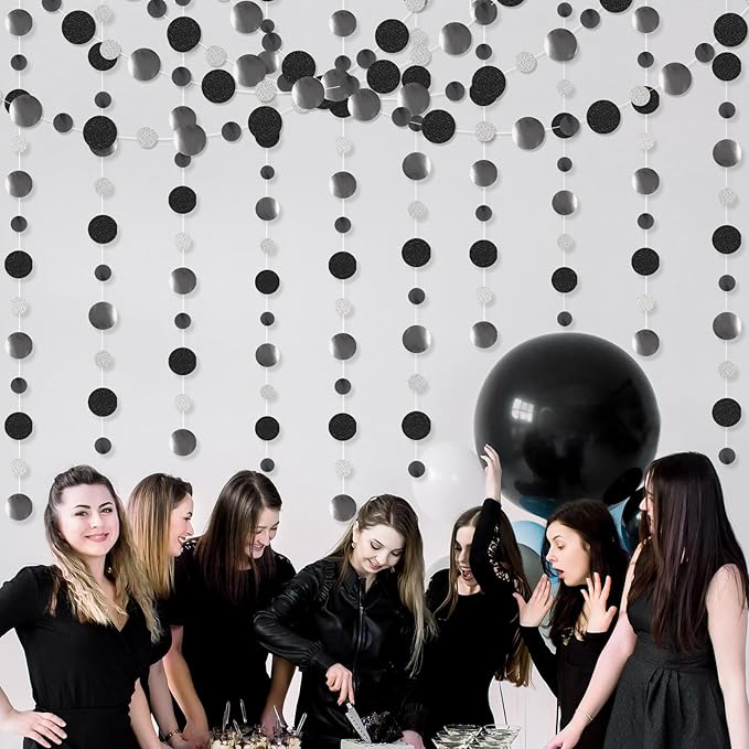 Outus 10 Pieces Black,Silver Round Dots Garland Easter Graduation Party Hanging Decor Each Length 13.1ft Glitter Paper Dot Streamers for Birthday Wedding Classroom