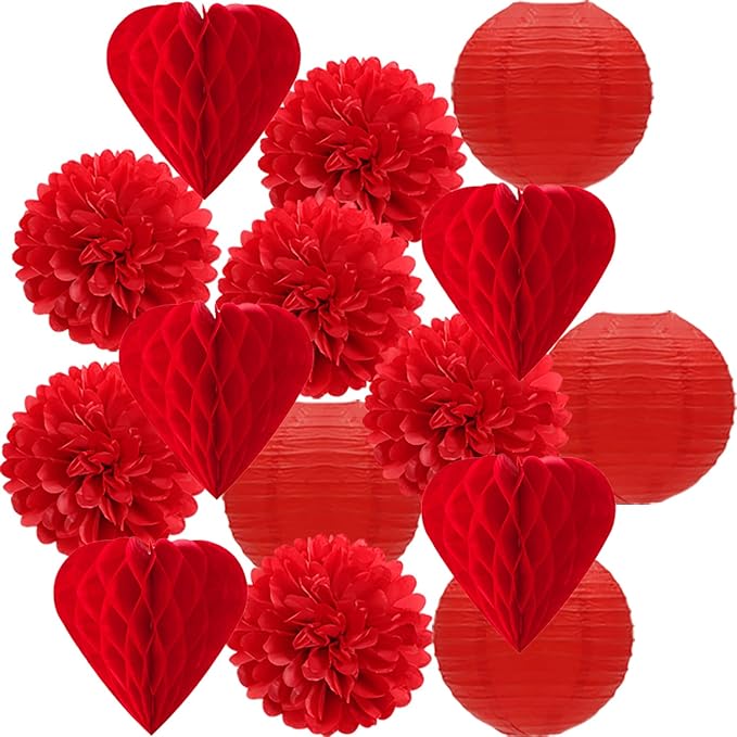 Red Valentines Day Paper Flowers Tissue Pom Poms Hearts Honeycomb Lanterns 15pcs Galentines Party Decorations Anniversary Love Birthday Wedding Baby Shower Hanging Supplies Mprocherify