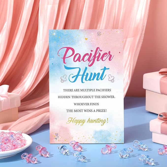 Thyle 51 Pcs Gender Reveal Pacifier Hunt Baby Shower Games Pink Blue Gender Reveal Game Decoration Include Hunt Sign and 50 Acrylic Pacifiers for Baby Shower Game Gift Set Boy or Girl Party Decoration