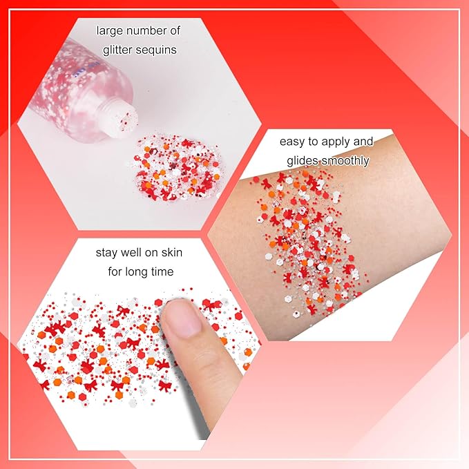 MEICOLY Red Face Glitter,Red and White Body Glitter for Reading Week World Book Day,Self-Adhesive Glitter for Kids Girls Adults,Book Character Costumes Cosplay Accessories for Halloween Festival