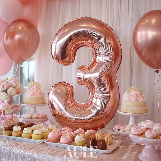 AULE 40 Inch Big Rose Gold 3 Balloon Number Large Foil Helium Number Balloons 0-9 Jumbo Giant Happy 3rd Birthday Party Decorations for Boy or Girl Huge Mylar Anniversary Party Supplies