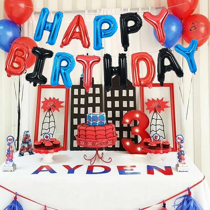 TONIFUL Happy Birthday Balloons with Ribbon Straw, 16 Inch Mylar Letters Birthday Sign Banner Bunting Reusable for Girls Boys Kids & Adults Party Decorations Supplies（Blue Red Black）