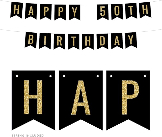 Andaz Press Faux Gold Glitter on Black Birthday Party Banner Decorations, Happy 50th Birthday, Approx 5-Feet, 1-Set, Milestone Colored Hanging Pennant Decor