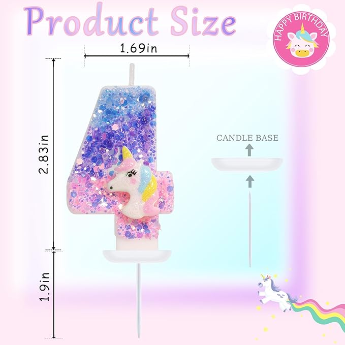 Unicorn Candle - Number 4 Candle, 4th Birthday Decorations for Girls, Colorful Sequins Birthday Candles for Cake, Cartoon Unicorn Theme Party Decorations