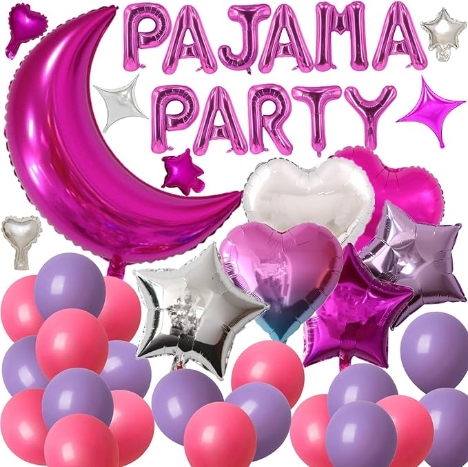 44 Pieces PAJAMA PARTY Balloons Rose Red Moon Star Heart Aluminum Foil Balloons Purple Latex Balloons for Girls Women Slumber Party Sleepover Birthday Party Spa Party Decoration (Rose red)