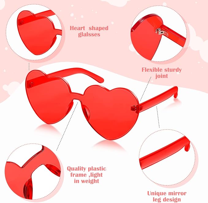 TOODOO 4 Pack Heart Shaped Sunglasses Rimless Candy Color Eyewear Galentine Valentines Accessories