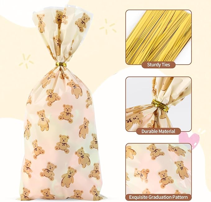 Docvania Bear Cellophane Treat Bags Plastic Gift Bag 100 pcs 5 X 11 Bear Cookie Bags with Ties Goodie Candy Bag Suitable for Mother's Day, Valentine's Day, and Holiday Parties