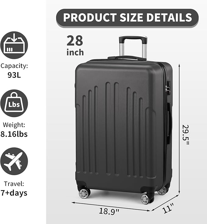 Karl home 28 Inch Check-in Luggage with Spinner Wheels, ABS Hardshell Checked Suitcase with TSA Lock, Durable Large Suitcase Rolling Luggage for Men Women, Dark Grey