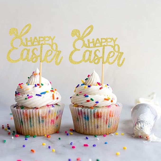 Ercadio 36Pcs Glitter Golden Happy Easter Cupcake Toppers Rabbit Happy Easter Bunny Cupcake Picks for Easter Day Theme Baby Shower Easter Birthday Wedding Anniversary Party Cupcake Decorations