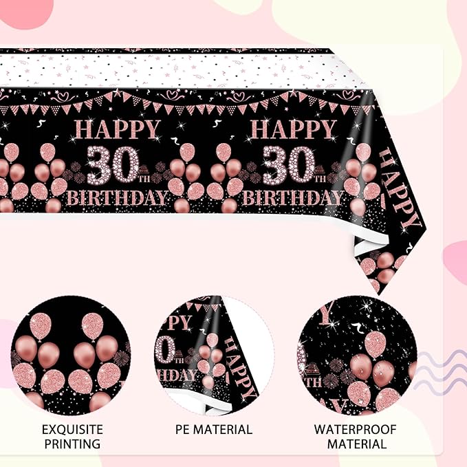 3PCS Happy 30th Birthday Tablecloth Decorations for Girls Women Black and Rose Gold 30 Year Old Birthday Party Supplies Disposable Plastic Rectangular Table Cloth