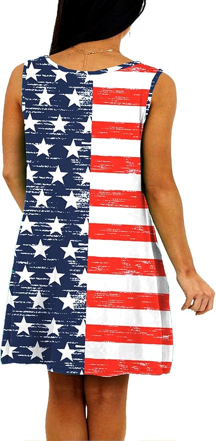 Deerose Women 4th of July Sleeeveless Dress Patriotic V Neck Tank Dresses with Pockets