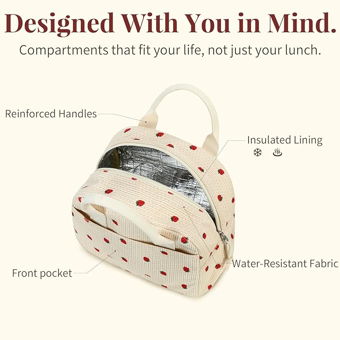 LOVELYWIND Insulated Black Lunch Bag for Men Women, Stylish Corduroy Tote with Aluminum Lining, Large Capacity Reusable Cooler for Work, Travel, Beach or Picnic, Soft Black Water-Resistant Lunch Box