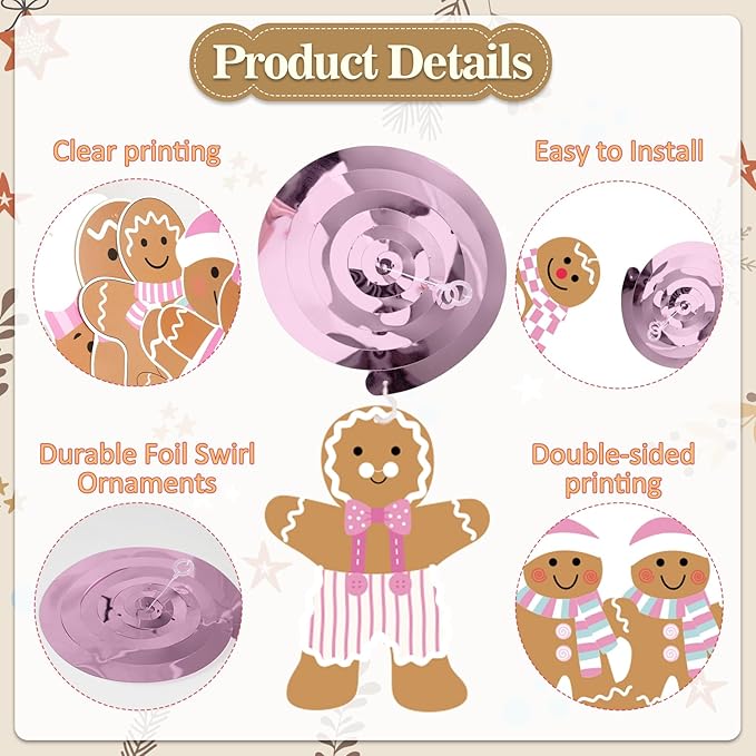24pcs Pink Gingerbread Party Decorations Hanging Swirls Christmas Gingerbread Streamers Decor for Christmas Birthday Party Supplies