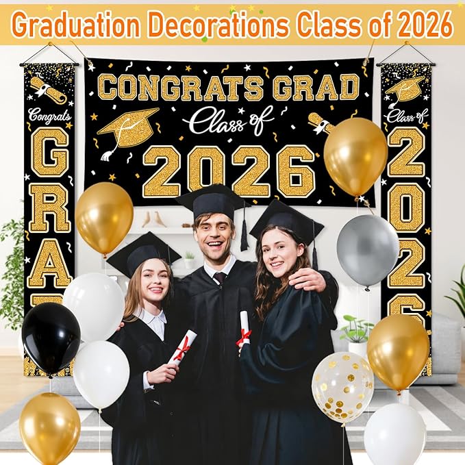 WOHOHOHO 23Pcs Graduation Decorations 2026 Set, Black Gold Porch Door Sign GRAD Banner, Class of 2026 Backdrop, 5 Colors Large Balloons, Party Supplies for High School College Indoor Outdoor Decor
