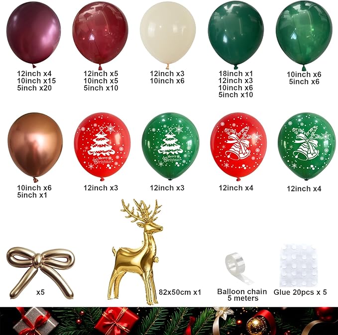 Retro Christmas Decorations Balloon Arch, Ruby Red Green White Balloon Garland with Bell Deer Print Metallic Bronze Gold Balloons Deer Foil Mylar Balloons for Xmas New Year Winter Festive Party Decor