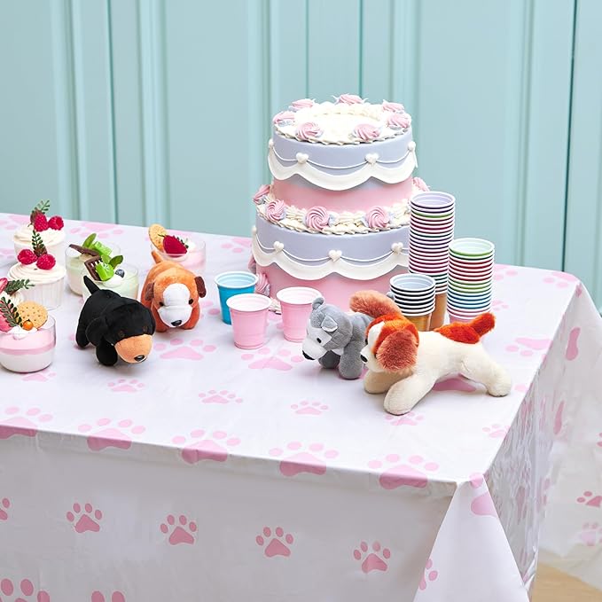 Tatuo 2 Pcs Puppy Paw Print Plastic Tablecloth Disposable Table Cover Puppy Themed Birthday Party Decorations for Dog Party Supplies (Pink,71 x 54 Inch)