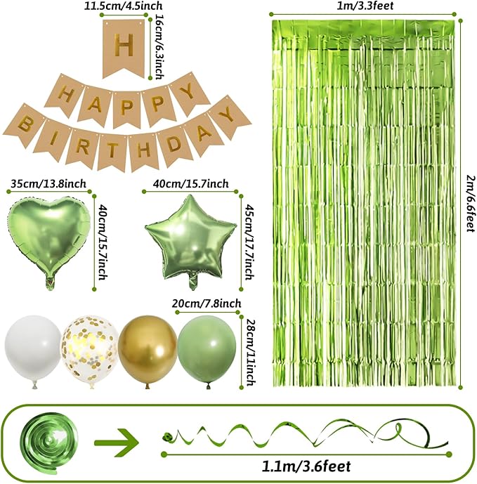 Sage Green Birthday Decorations, Happy Birthday Banner, Olive Green Balloon, Fringe Curtain, Heart Star Foil Balloon, Hanging Swirl for Kids Women Men Girls Boys Party Decorations