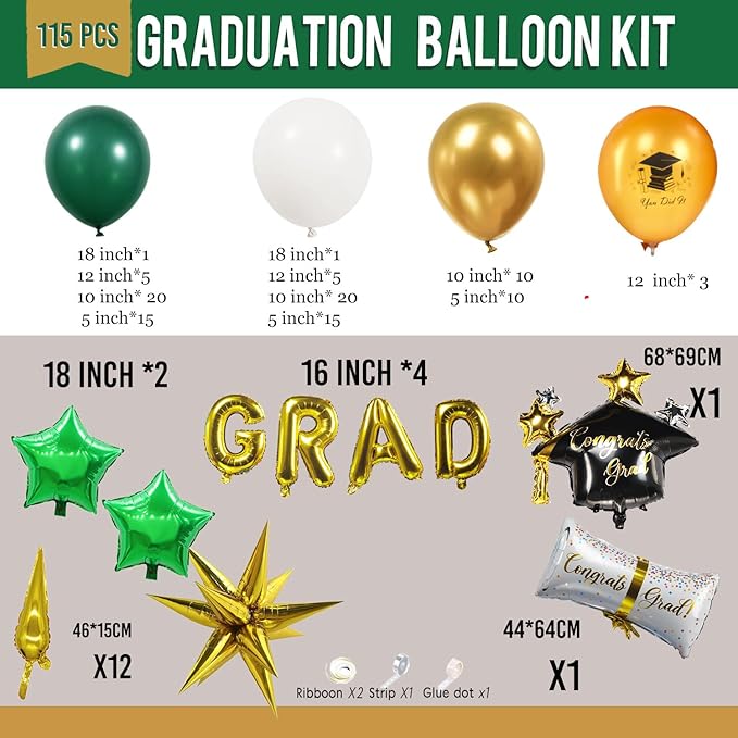 Green Graduation Balloon Garland Arch Kit 115PCS with Graduation Star print Certificate Letter Mylar Foil Balloons for Graduate Class of 2026 Grad Prom party Decorations Supplies (Green Gold White)