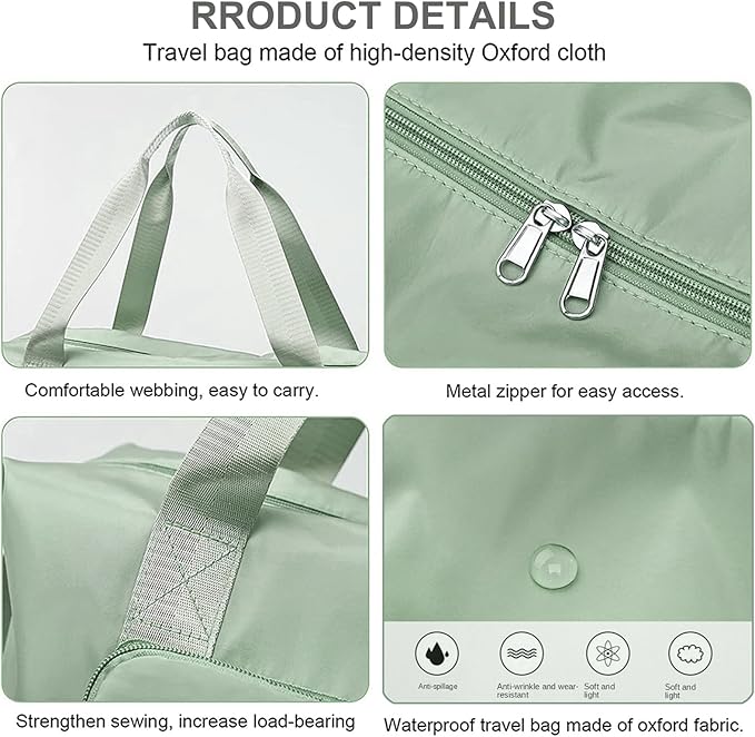Large Capacity Folding Travel Bag, Lightweight Waterproof Luggage Bag, Expandable Travel Duffel Bag, Dry Wet Separated Gym Tote Bag, Weekender Overnight Bags for Women and Man (Light Green)