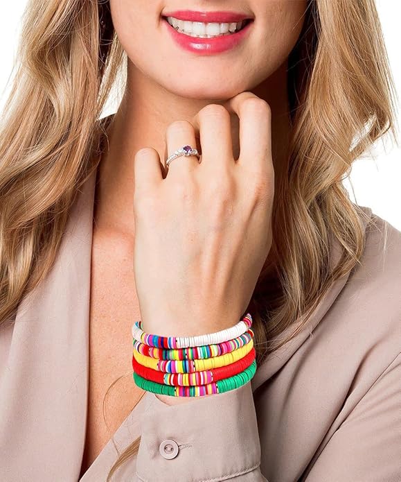 Surfer Heishi Bracelets for Women Stackable Rainbow Vinyl Disc Clay Beaded Stretch Bracelets Elastic Layering Friendship Bracelets Boho Summer Beach Jewelry