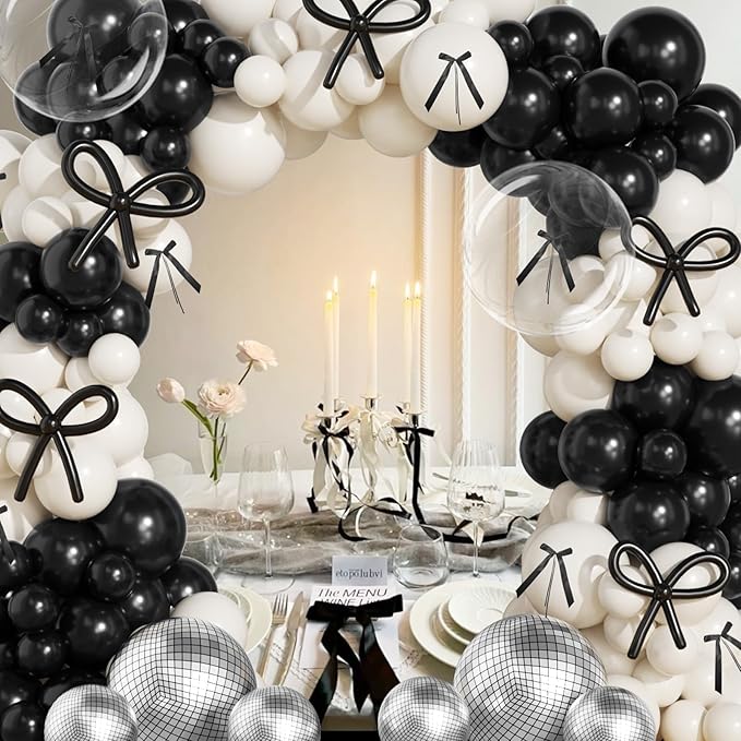 JOGAMS 175Pcs Black Bow Balloons Arch Kit with 260 Clear Disco Ball Balloons Black Ribbon Bow for Bow Coquette Birthday Baby Shower Decorations Bachelorette Bridal Shower Party