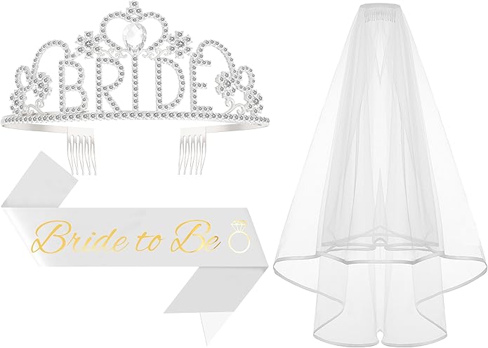 3Pcs Bride to Be Sash with Crown and Veil for Bachelorette Party Decorations，Bridal Shower Accessories for Gift, Favors