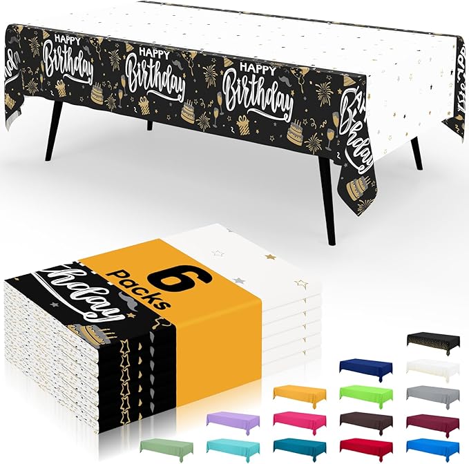 Smiry Disposable Table Cloth - 6 Pack, 54 x 108 Inch Waterproof Rectangle Tablecloths for Parties, Decorative Plastic Table Cover, Leakproof & Sturdy, Black & White