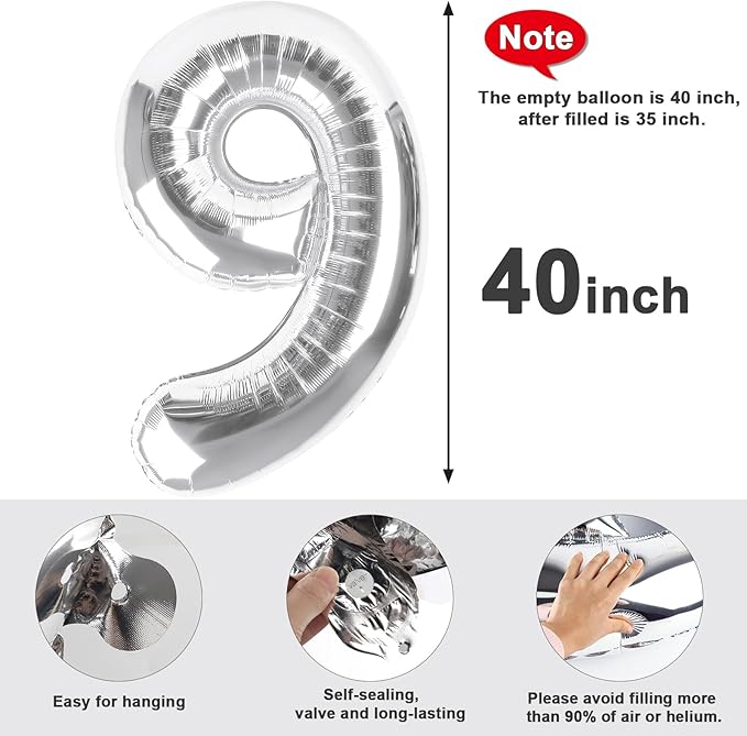 40 Inch Silver Numbers 9 Balloon, Balloons Decorations for 9 19 90 Birthday Party, Engagement, Wedding, Graduations, Photo Shoot Supplies