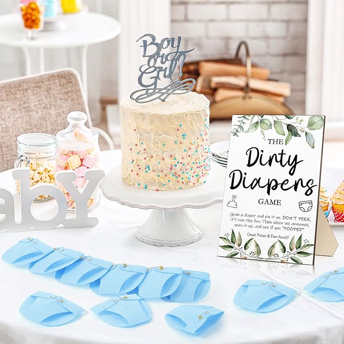 Roowest 51 Pcs Dirty Diaper Baby Shower Games Funny Wooden Sign with 50 Pcs Mini Diapers Cute Felt for Gender Reveal Party Baby Shower(Greenery Blue)