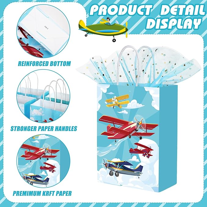 Outus 24 Pcs Airplane Party Favor Bags Paper Airplane Goodie Bags Plain Gift Pouch‌ Blue Aircraft Candy Treat Pouch‌ with Handles for Birthday Party Decorations Supplies