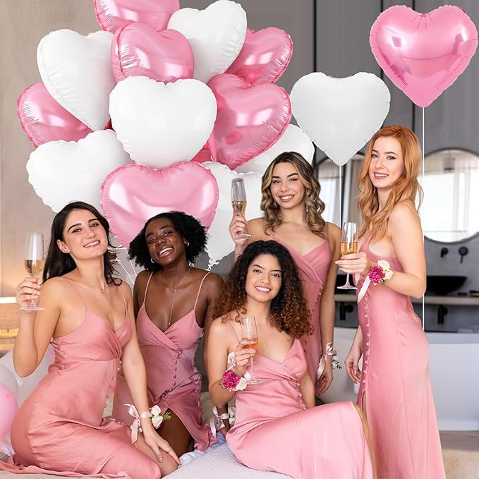 Pink White Heart Balloons,12Pcs Light Pink Heart Shaped Foil Balloons,18Inch White Helium Polyester Film Balloon for Baby Shower Birthday Anniversary Wedding Party Decorations
