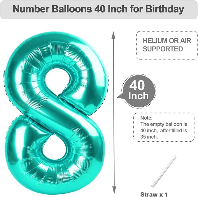 Balloon 8 Numbers, 40 Inch Blue-Green Fiol Large Ballon for Women And Men, Balloons Decoration for Happy 8 18 28 80 Birthday, Wedding Anniversary, New Year, Halloween Party Decoration