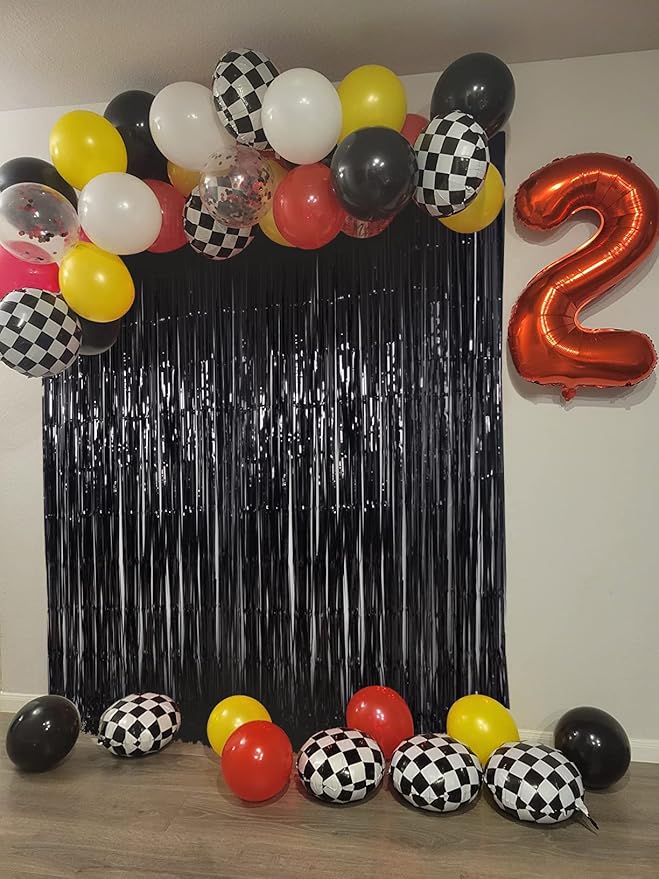 Black Tinsel Fringe Backdrop Curtains for Parties, Melsan 3.2 x 8 ft Black Streamer Photo Backdrop for Birthday, Graduations, New Year Eve Party Decor - Pack of 4