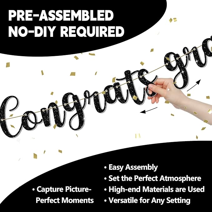 Congrats Grad Banner - 9 ft Black Pre-Strung Congrats Grad Banner, Graduation Party Decorations & Decor for Elementary, 5th Grade, 8th Grade, High School, College, Congrats Grad Sign
