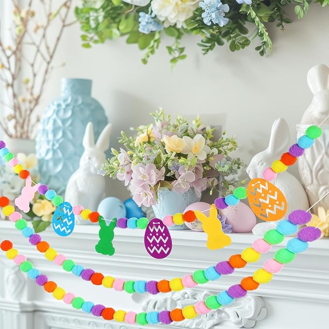 Breling 3 Pieces Easter Felt Garland 10 ft Colorful Felt Pom Pom Ball Garland Bunny Eggs Easter Banner Decorations for Mantle Fireplace Room Hanging Decor